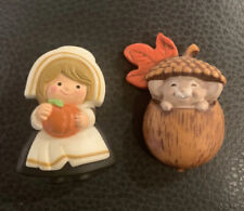 Vintage Hallmark 1984 Thanksgiving Brooch Pilgrim Girl Pumpkin & Mouse Acorn Pin picture