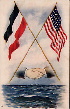 Post WWI French American Crossed Flags Shaking Hands Ship at Sea Under Power UDB picture