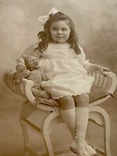 Beautiful Child Girl Holding Teddy Bear CABINET CARD PHOTO Vintage Curly Hair picture