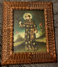VERY RARE ANTIQUE FRAMED HAND PAINTED ST. FRANCIS OF ASSISI CANVAS ICON picture