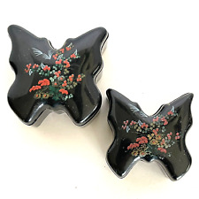 Pair of Nesting Butterfly Shaped Black Laquer Trinket Boxes Floral Print picture