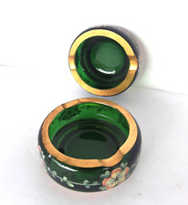 Vintage Small Round Bohemian Dark Green Glass Ashtray Set Hand Painted Gold Trim picture