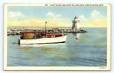 PORT CLINTON, OH Ohio ~  BOAT & LIGHTHOUSE on LAKE ERIE c1940s Linen Postcard picture