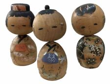Japanese Kokeshi Trio Wooden Hand Painted Signed Vintage Happy Family picture
