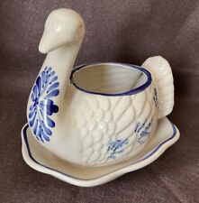CDP Natural White Clay Goose Flower Planter Hand Crafted Blue Trim 5 3/4” Tall picture