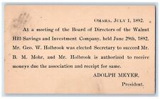 1892 Meeting of Board of Directors at Walnut Hill Savings Omaha NE Postal Card picture