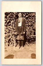 Original Old Vintage Antique Real Photo Postcard Gentleman Outdoor Coat Tie RPPC picture