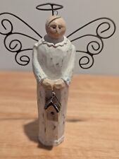 Vintage Shabby Chic Handmade White Painted Wood Angel Holding Birdhouse picture