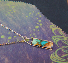Southwestern Necklace Rectangle Cowgirl Pendant Silver Blue Chain Women Boho picture