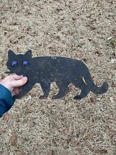 SCARCE VINTAGE METAL BLACK CAT MARBLE EYES GATE FENCE POST TOPPER HALLOWEEN picture