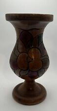 Beautiful Vintage Hand Carved Turned Wood Pedestal Vase Rustic Art design  7” picture