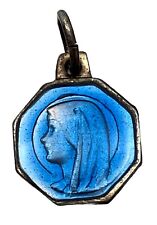 Vintage Catholic Our Lady Lourdes Blue Enamel Tiny Religious Medal picture