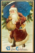 Long Red Robe Santa Claus with Umbrella ~ Jester Toys~ Christmas Postcard~k447 picture
