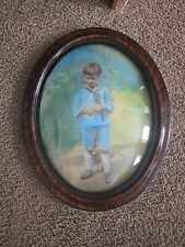Antique Oval Convex Glass Picture Tiger Wood Faux ? Frame. Little Boy In Blue picture