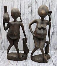 Wooden Folk Art Primitive Tribal Sculptures Pair Couple Vintage Hand Craved picture
