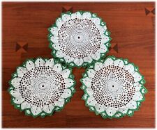 3 Vtg Hand Crocheted Flower Doilies Handmade Green White Double Layered Handmade picture