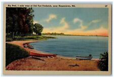 c1930's River and Boat Scene, Old Fort Frederick Hagerstown Maryland MD Postcard picture