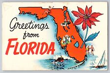 Postcard Florida Greetings Map Sailboat Fishing Boat Golfing Cars Car Swimsuits picture