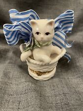 Mudpie Cat in Basket Trinket Box Pansy Vintage Porcelain 1998 EUC picture