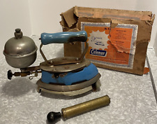 VTG CANADIAN COLEMAN No. 4-A SELF-HEATING IRON BLUE ENAMEL + STAND PUMP BOX picture
