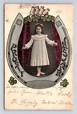 c1903 German Girl Happy New Year Horseshoe Four Leaf Clover Lucky Postcard picture