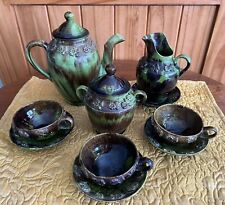 12 Pc. 1930’s Mexican Folk Art~Pottery~Chocolate~Tea Set~Drip Ware~Raised Flower picture