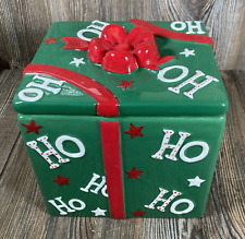 Real Home Green Christmas Gift Cookie Jar/Canister HO HO HO Red Ribbon Ceramic picture