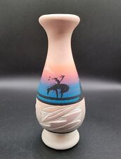 Vtg Navajo Native American on Horse Handpainted & Etched Pottery Vase 6” Signed  picture