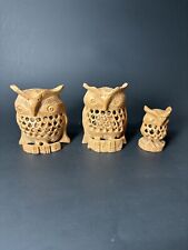 Set Of 3 Wood Hand Carved Owl Within An Owl Family Figurine India Birds  3 1/4” picture