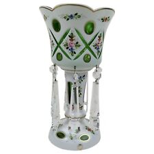 Large Bohemian German White Cut to Green Glass Mantle Lusters with Spear Prisms picture