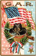 Postcard G.A.R. To My Comrade American Flag Sword, Hat, Rifle Patriotic picture