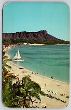 Waikiki Beach Diamond Head Birds Eye View Sailboat Oceanfront Shoreline Postcard picture