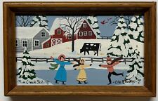 Original CATE MANDIGO 'Plum Creek Skating' Winter Children FOLK ART Oil Painting picture