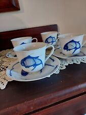 Set of 4 Vintage Blue Koi Fish Carp Teacups with Saucers  China Porcelain  picture
