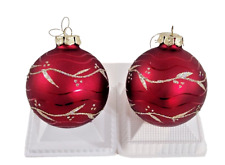 2 Red Christmas Ornament Balls Plastic Glitter Gold Colored Design picture