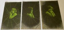 3 Antique Tnted RPPC Postcard - Girl in a Spider Web, #3823 picture