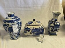 3 Beautiful Vintage Blue & White Asian Style Vase flower Floral Bamboo RARE picture