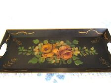 Vintage Hand Painted Muted Apricot & Pink Roses Metal Serving Display Tole Tray picture