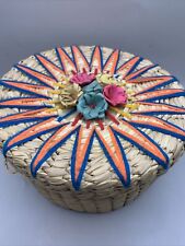 Vintage Mexican Boho Straw Rattan Woven Raffia Flowers Lidded Basket. 8.5”D picture
