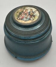 VTG 1930's Blue Metal Vanity Powder Music Box Footed Wind Up Plays Pretty Green picture