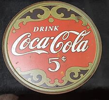 Vintage Coca Cola Sign Tin Metal Soda Pop Drink Advertising Round Five Cents picture