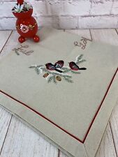 Vintage Swedish Embroidered Christmas Tablecloth GOD JUL Bullfinch Bird 33.5x33 picture