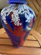 Vintage Art Glass Iridescent RED WHITE BLUE. 8” x 4” SIGNED 2006 picture