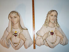 Vintage Antique 1957 Sacred Heart Jesus & Mary Chalkware 3D Wall Hanging Plaques picture