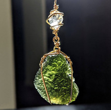 MOLDAVITE & HERKIMER DIAMOND Pendant LARGE IN REAL GOLD Synergy 12 NECKLACE picture