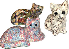 Set of 3 Vintage Ceramic Cats Kitty Glazed Fabric Decoupage Floral Figurine Art picture