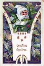 CHRISTMAS - Santa And Leaves Art Deco Christmas Greetings Tuck Postcard - 1909 picture