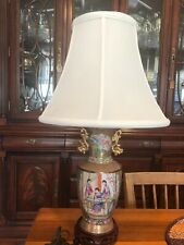 Vintage Finely Detailed Chinese Famille Rose Vase Lamp w/Wooden Base, 22