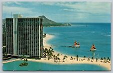 Honolulu HI Hilton Hawaiian Village Hawaii sailboat boat dock beach Postcard A54 picture