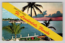 Postcard FL Greetings Banner Boats Palm Trees Sunset View Ft Lauderdale Florida picture
